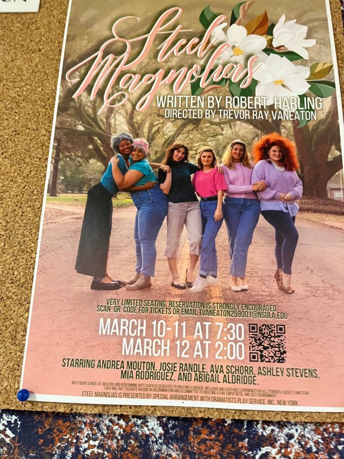 Steel Magnolias was directed by Trevor VanEaton and stage managed by Elizabeth Cook. The production featured Ashley Stevens as Shelby, Abigail Aldridge as Truvy, Mia Rodriguez as Annelle, Josie Randle as Ouiser, Andrea Mouton as Clairee and Ava Schorr as M’Lynn.