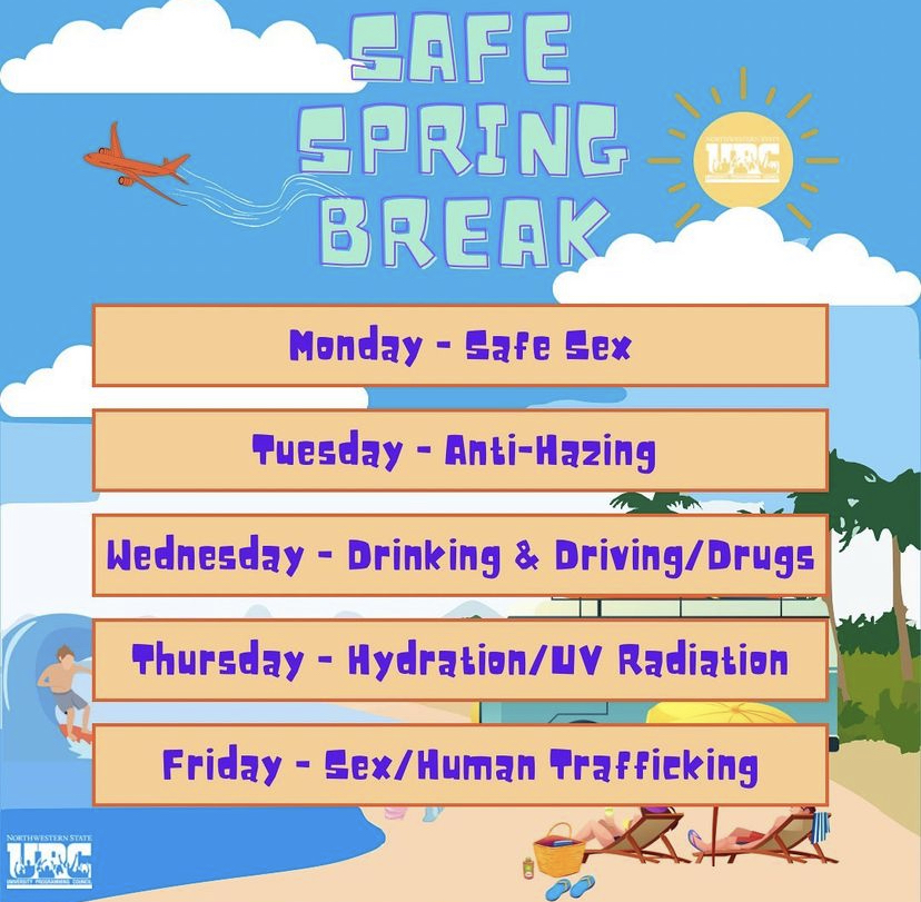 Traditionally held the week before Spring Break, the “Safe Spring Break” events address common safety issues that befall students who are going on Spring Break. 