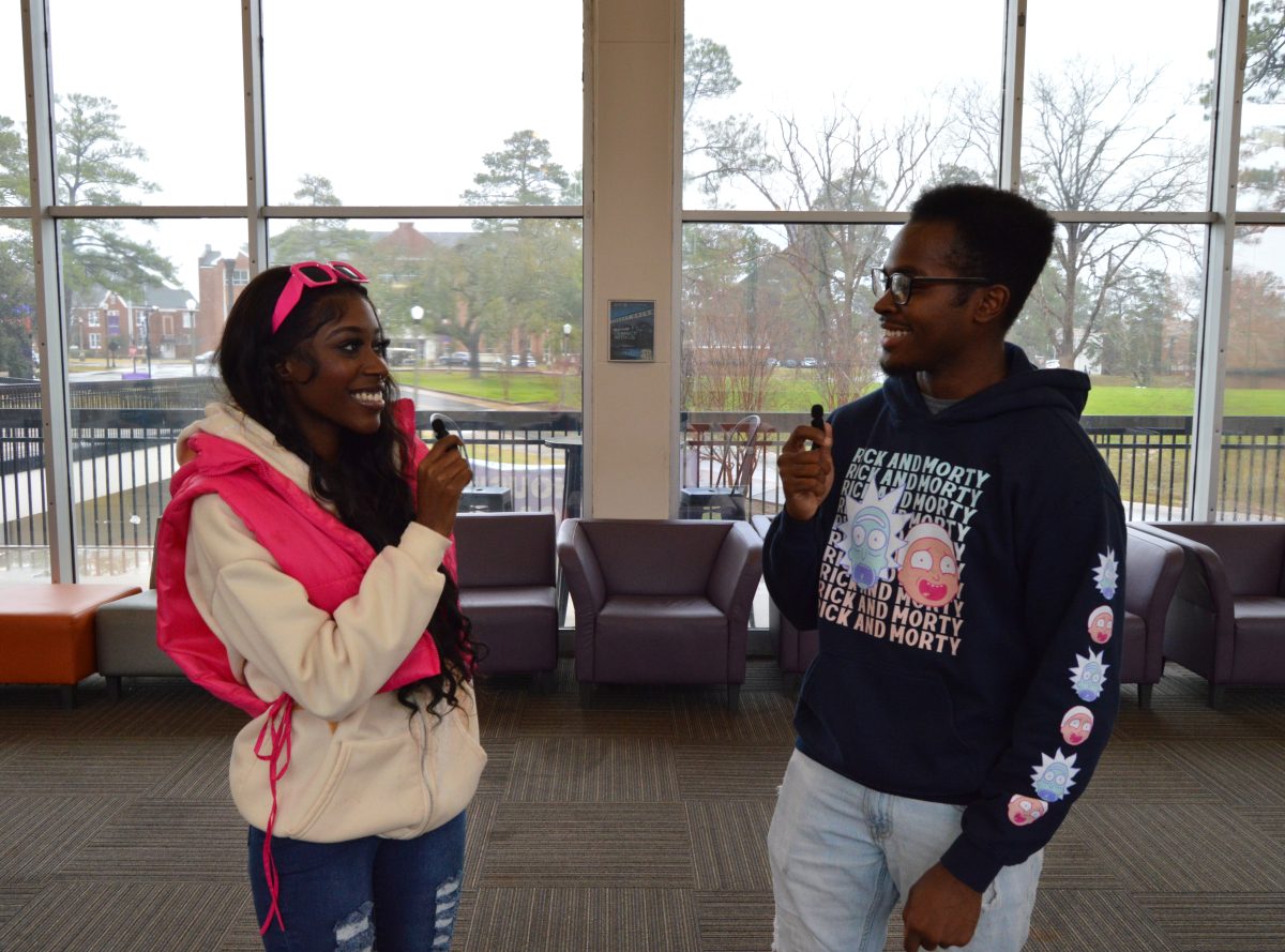 Nyaishya Lilly, also known as Big Ny, interviews Jeremiah Granger in the Friedman Student Union.