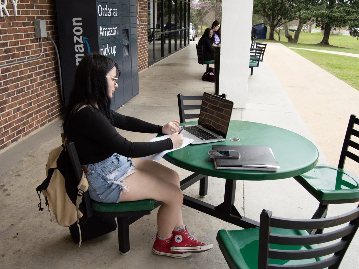 Emily McHugh, a freshman with a major in biology, finds her favorite study spot to be the tables outside the Eugene P. Watson Memorial Library and Café Demon.