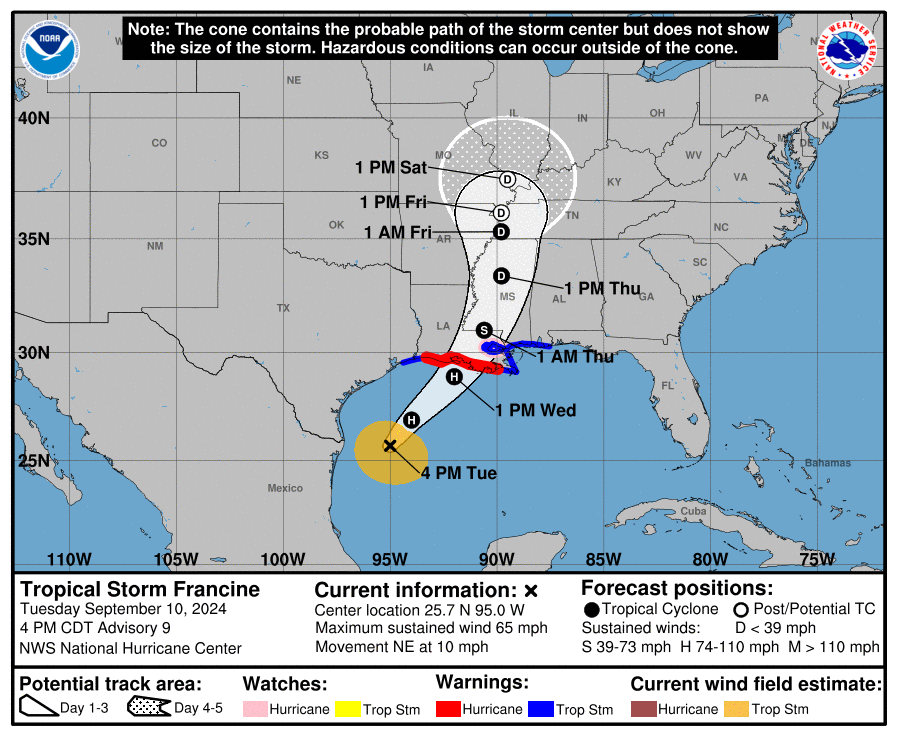 The latest projected path for tropical storm Francine.