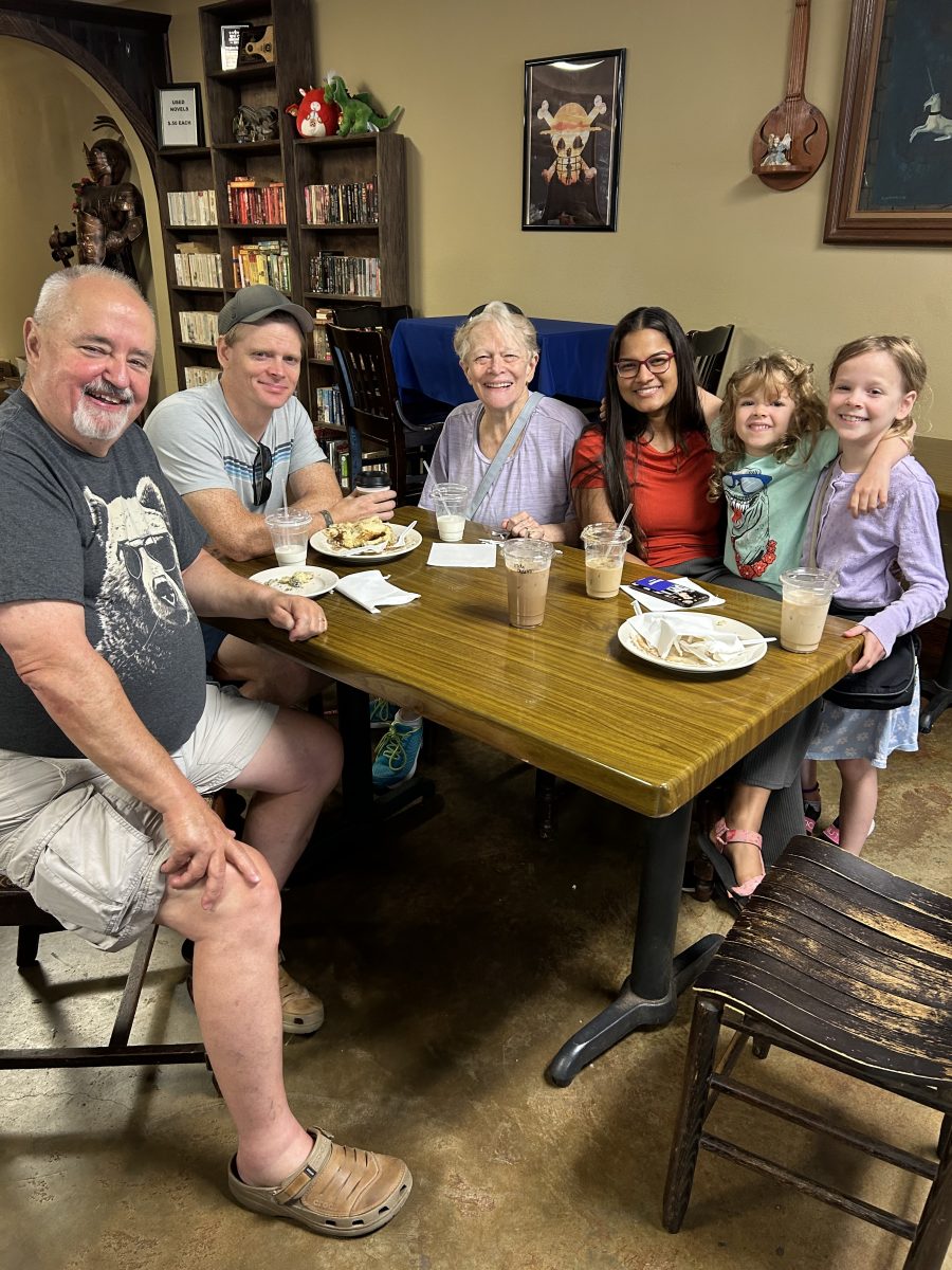 Enjoying a family day in StoryBrew Coffee Cafe with middle son, David Evans and his two daughters, Abby and Maya and their Colombian daughter Adriana Zambrano.