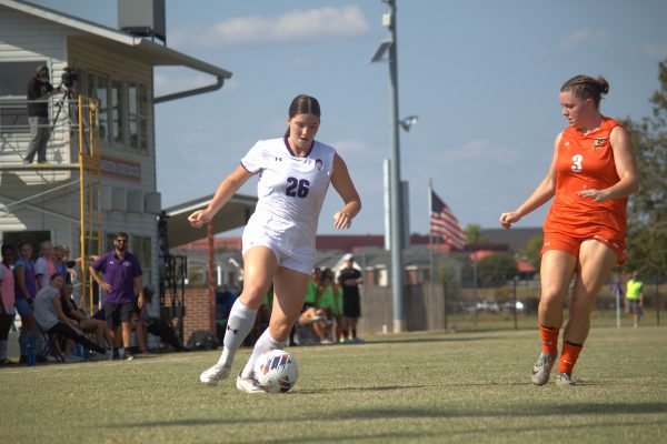 Isabella Ruggiano, senior forward, dribbles down the line against UTRGV's defense in Sunday's game. 