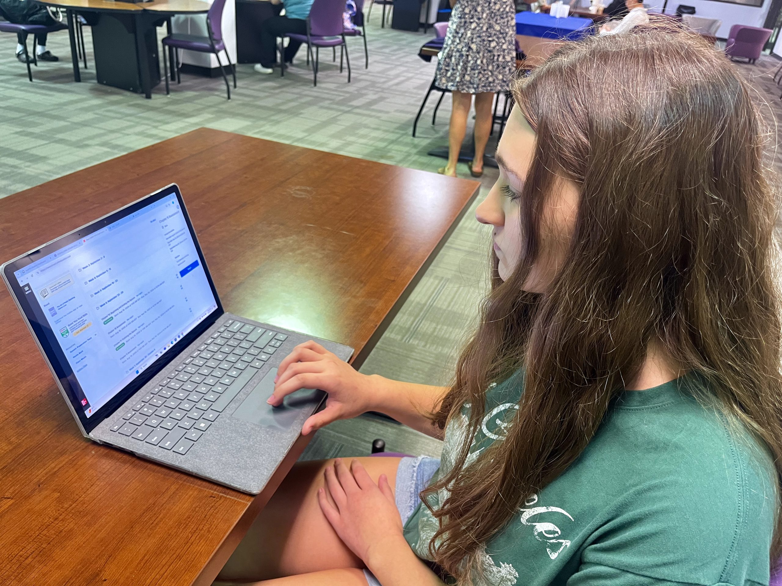 Alexis Milburn, freshman general studies major, works on her online class at the Eugene P. Watson Library.