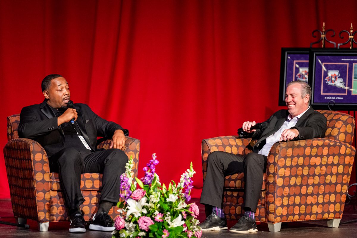 (L-R) Forth Worth, Texas native, Michael Byars-Dawson was a former point guard for NSU's men's basketball team from 1999 to 2001, and he returned to Natchitoches to be inducted in the Hall of Fame with other former Demon athletes. Sitting next to him on stage is Jason Pugh.