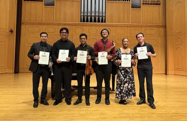 (L-R) Ever Naun Galeas, Mario Gomez,  Oscar Caballo, Ronald Turizo Bueno, Dorcia Gillam and Mason Windham are winners of this year's McCutcheon Honors recital.