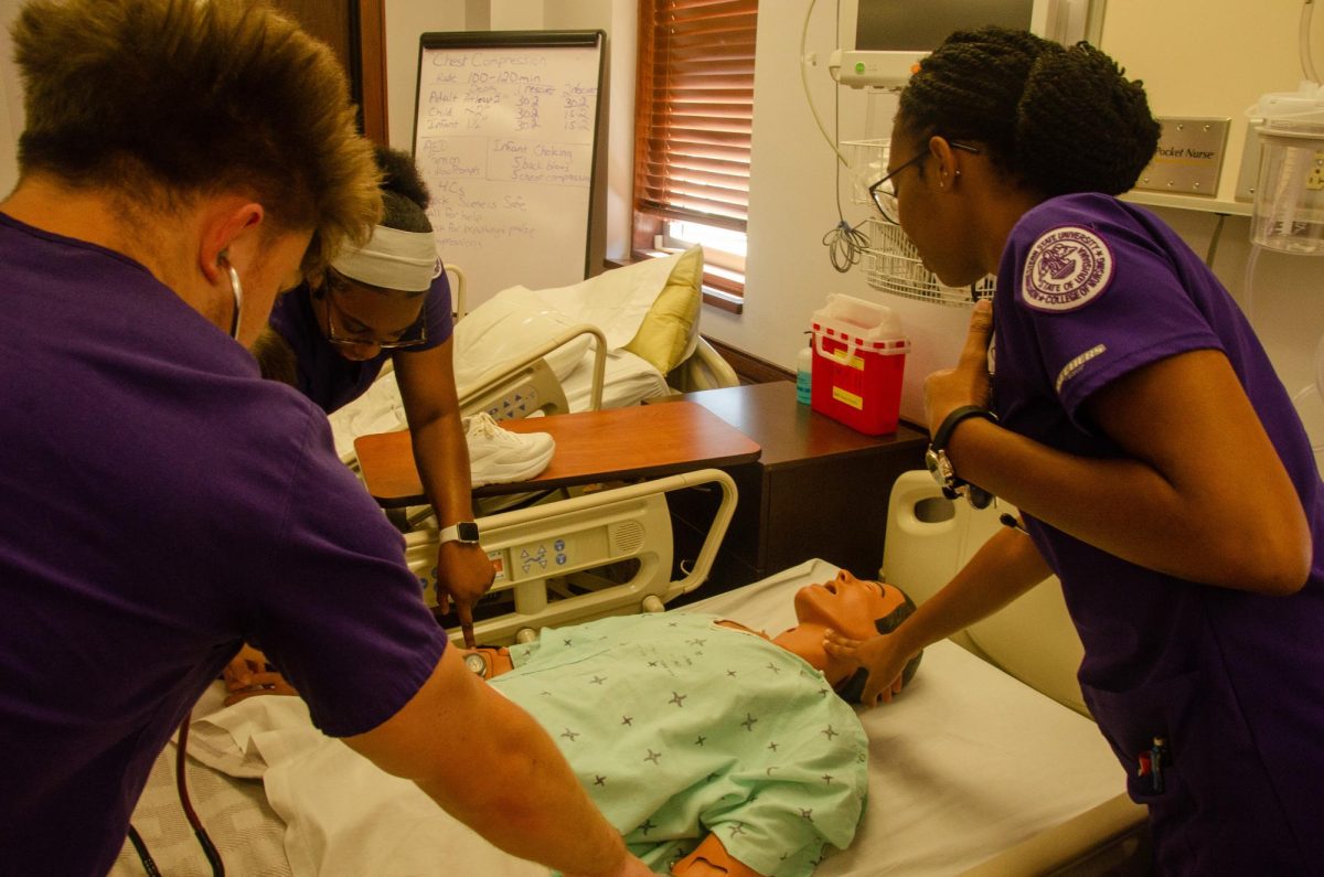 NSU allied health students practice checking pulses on a training dummy to prepare for real-life scenarios.