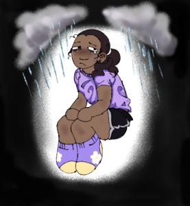 In a heavily stylized and cartoon-ish style, a girl sits crying with her hands on her knees surrounded by darkness and stormy clouds that rain upon her.