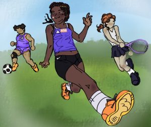A woman is running in a field. Foreshortening is used on one leg to make her seem closer to the camera. Another woman plays tennis in the background, and another woman plays soccer. 