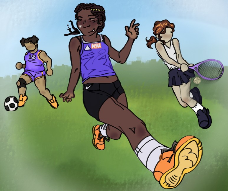 A woman is running in a field. Foreshortening is used on one leg to make her seem closer to the camera. Another woman plays tennis in the background, and another woman plays soccer. 