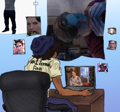 Person sits in front of a laptop watching a popular Twitch streamer. Their walls are covered with images, flags, and banners of this streamer.